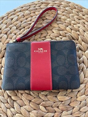 Coach Brown Signature Canvas Wristlet with Red Center Stripe